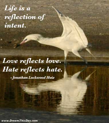inspirational quotes about love and life. Life is a reflection of intent. Love reflects love. Hate reflects hate.